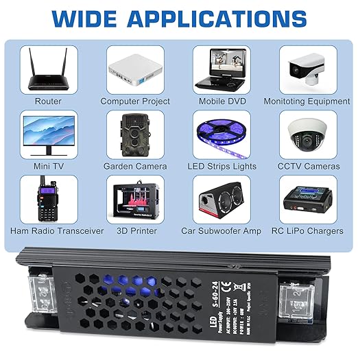 LED Driver 24V 60W 2.5A Slim LED Power Supply, AC 100-250V to 24V DC Adapter, Constant Voltage LED Transformer for Strip Lights, Bulbs, Garden and Cabinet Lights