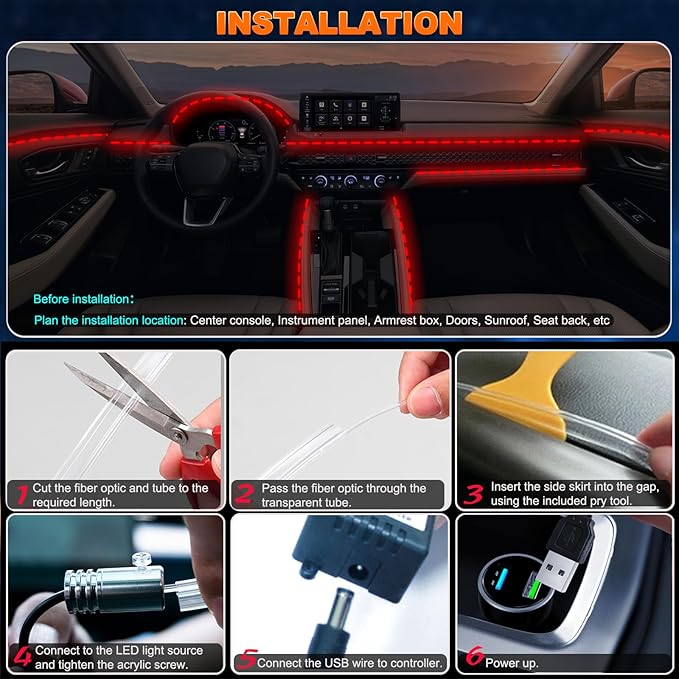 Interior Car LED Strip Lights with Wireless APP and Remote Control, RGB 5 in 1 Ambient Lighting Kits with 236 inches Fiber Optic, 16 Million Colors Car Neon Lights, Sync to Music