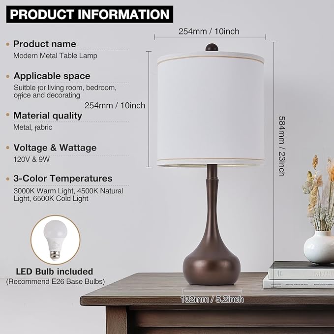 23" Brown Metal Modern Table Lamp Set of 2,Farmhouse Bedside Lamps for Living Room, 3 Color Temperature Rustic Table Lamps for Bedroom, Night Stands, Dorm,Office, Home Décor (Bulb Included) 