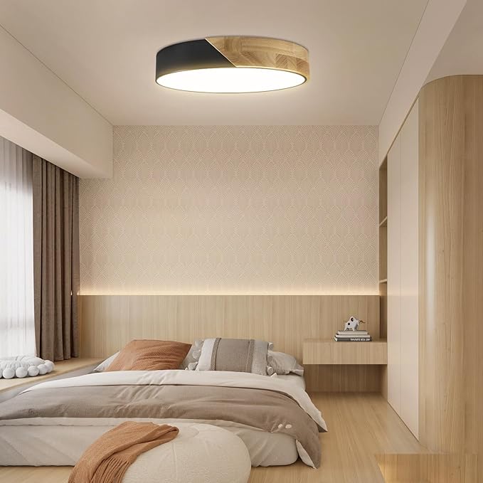 Led Ceiling Light Flush Mount: 12 Inch 24W Bedroom Light Fixture with Round Wood Modern Black Flat Overhead Ceiling Lamps for Kitchen Hallway Laundry Warm White 3000K, Not Dimmable - 2 Pack