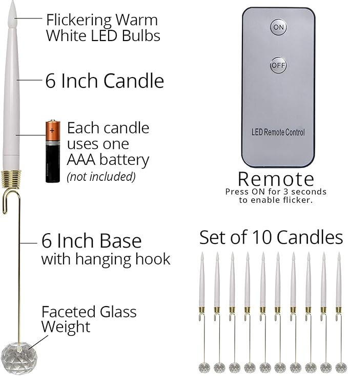 Flameless Electric LED Candles – Christmas Tree Lights – Taper Christmas Candles, Battery Operated, Remote Controlled, Set of 10 (6" Taper Candle with 6" Weight, White)