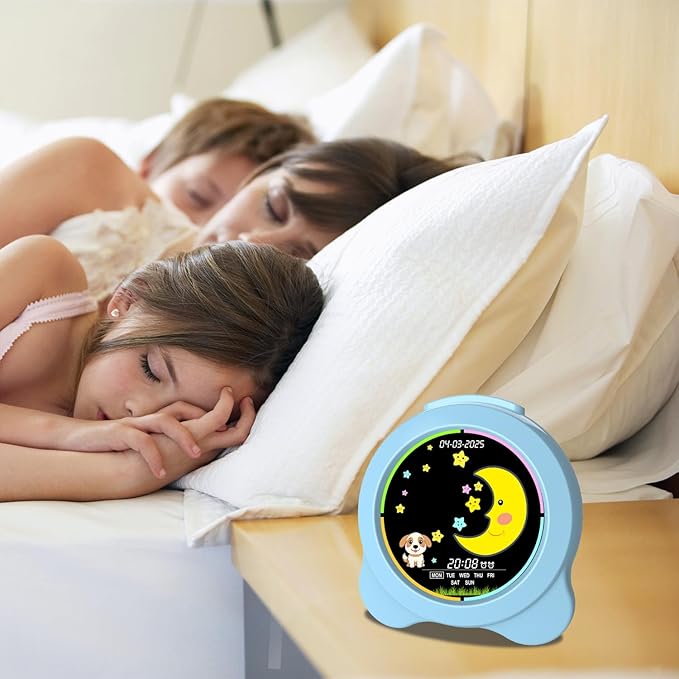 Kids Alarm Clock Sun & Moon LED Display with Day & Date OK to Wake Clock with Night Light for Kids Children's Sleep Trainer Gift for Boy and Girls (Blue)