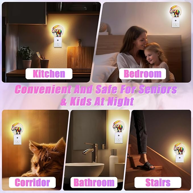 Colorful Elephant Night Light LED Lamp Round Plug into Wall Nightlight with Dusk to Dawn Sensor Home Hallway Stairway Kitchen Decor