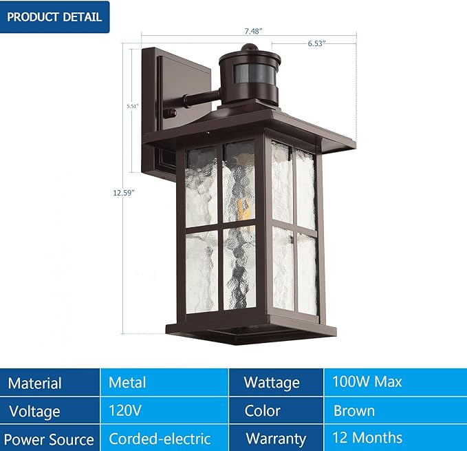 2 Pack Motion Sensor Outdoor Wall Lights Dusk to Dawn Exterior Porch Lantern Brown Outside Sconce Lighting Fixtures Rustic Farmhouse Wall Mount Carriage Lamp for House Garage Patio