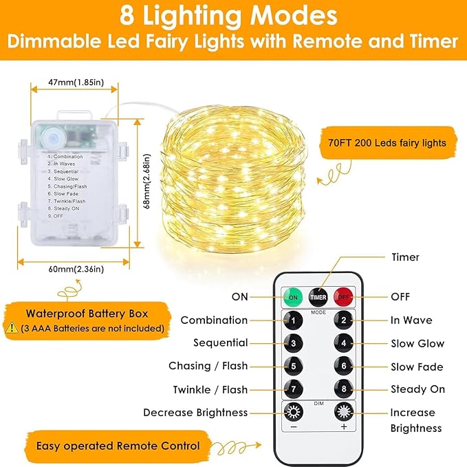 Upgraded 4Pack Total 280Ft 800 LED Fairy Lights Battery Operated with Remote & Timer, Waterproof Christmas String Lights Outdoor Indoor, Battery Twinkle Lights for Bedroom, Xmas, Parties, Tree, Decor