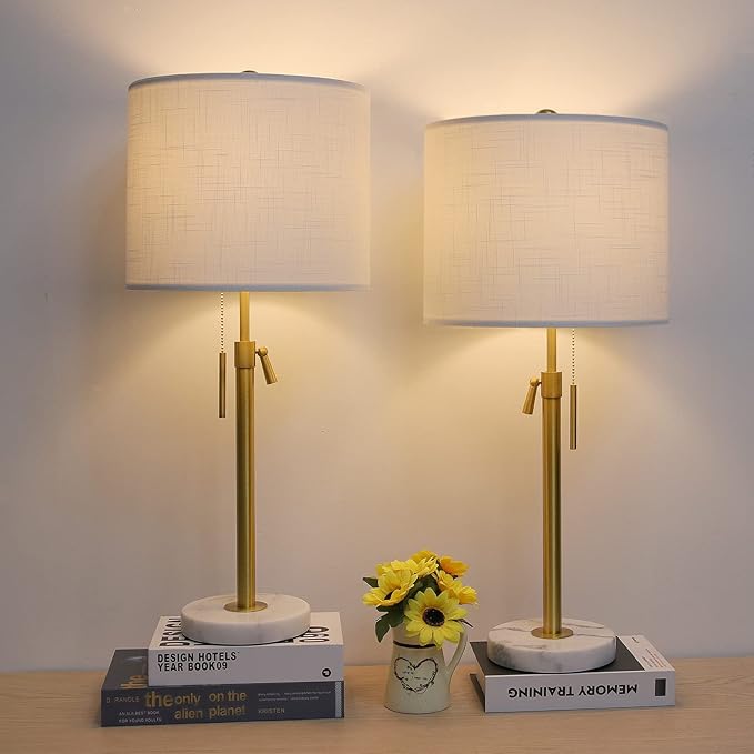 Gold Table Lamp Set of 2, 22-30" Height Adjustable Modern Nightstand Lamps with Marble Base and Pull Chain Switch for Living Room Bedroom, Office, Bedside Table, Farmhouse