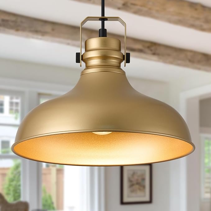 Gold Farmhouse Pendant Lights Matte Pendant Lighting for Kitchen Island Industrial Adjustable Height Vintage Dome Hanging Light Fixtures for Barn, Dining Room 3 Packs