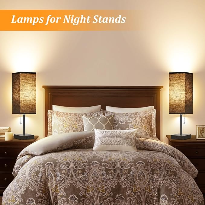 Table Lamp for Bedroom set of 2,3-Color Bedside Lamps with Pull Chain Table Lamps for Nightstand with AC Outlets,18'' Night Light Lamps with 2 Bulbs Lamps for Living Room Kids Office Decor(Black)