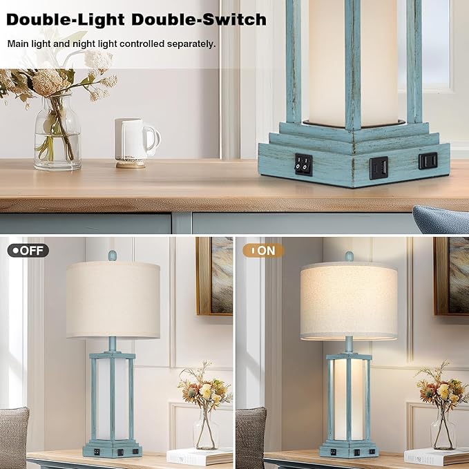 27" Tall Vintage Table Lamp Set of 2 with USB C+A & Outlet,Nightstand Lamp for Living Room,Coastal Bedside Lamps with Frosted Glass Night Light for Bedroom Entryway,Blue