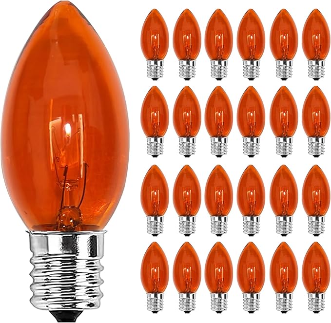 25 Pack C9 Orange Replacement Bulbs, C9 Incandescent Replacement Bulbs for Outdoor Indoor Patio Halloween Christmas String Lights, C9/E17 Intermediate Base Bulbs, 7 Watt, 120 Volt