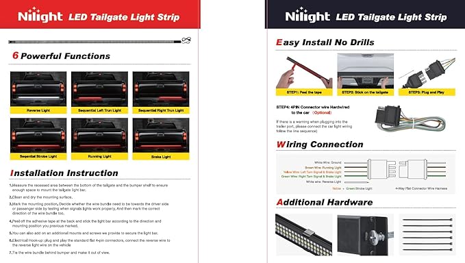 Nilight Truck Tailgate Light Strip 60" Aluminum FrameTriple Row Light Bar 1200 LED w/ Red Running Brake White Reverse Light Red Sequential Turn Signal