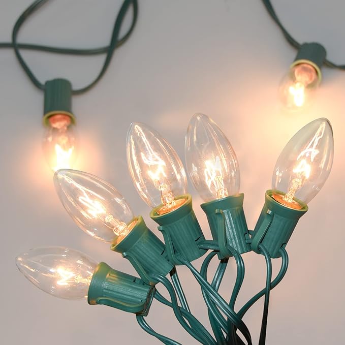 SUNSGNE 25 Pack C9 Clear Replacement Bulbs, C9 Christmas Light Bulbs Clear Incandescent Bulbs for Christmas Vintage String Light, E17 Intermediate Base, 7 Watt