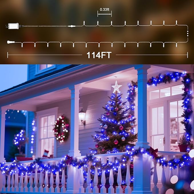 114 FT 350 LED String Lights Outdoor Indoor, Christams String Lights Waterproof 8 Modes & Timer, Fairy Lights Plug in for Bedroom, Weeding, Patio, Party, Holiday,Christmas Decor(Blue)