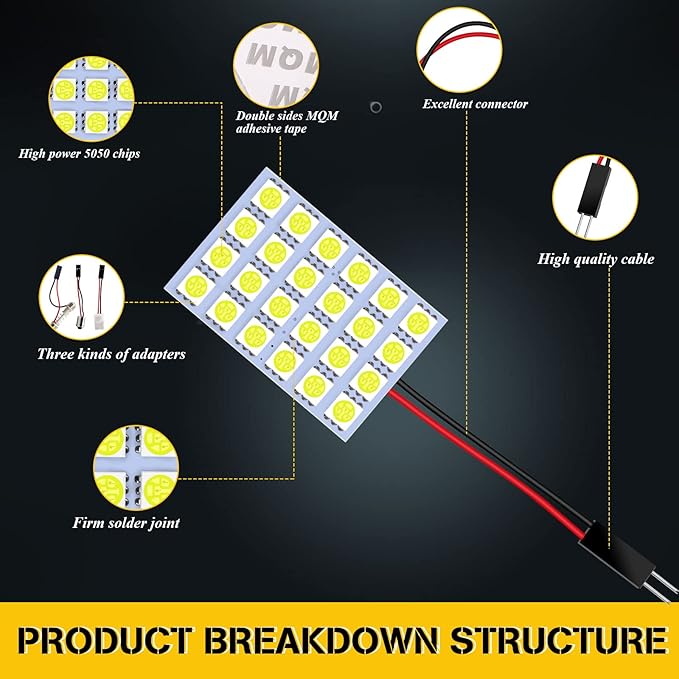 YM E-Bright 5-Pack White 5050 24SMD Led Panel Dome Light Lamp Auto Car Reading Interior Lamp DC 12V With T10 / BA9S / Festoon Adapters
