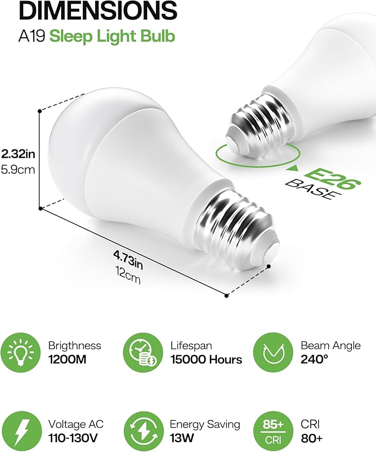 Sleep Light Bulb 100 Watt Equivalent 13W, Blue Light Blocking, 1800K Amber Color Light Bulbs, A19 Warm Light Bulb for Healthy Sleep and Baby Nursery Kids Bedroom, 2 Pack