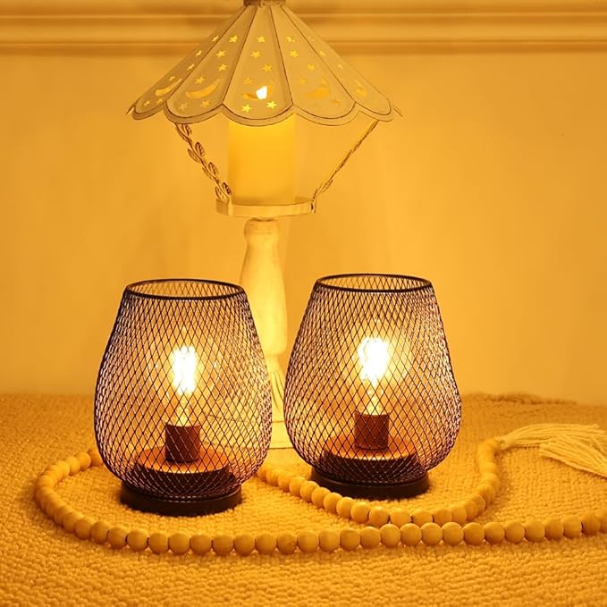 NEEDOMO Battery Operated Lamp Table Powered Lantern, Set of 4 Metal Cage Cordless Lamps with LED Bulb, Vintage Decorative Outdoor Lantern for Weddings, Parties, Patio, Events for Indoor Shelf Decor