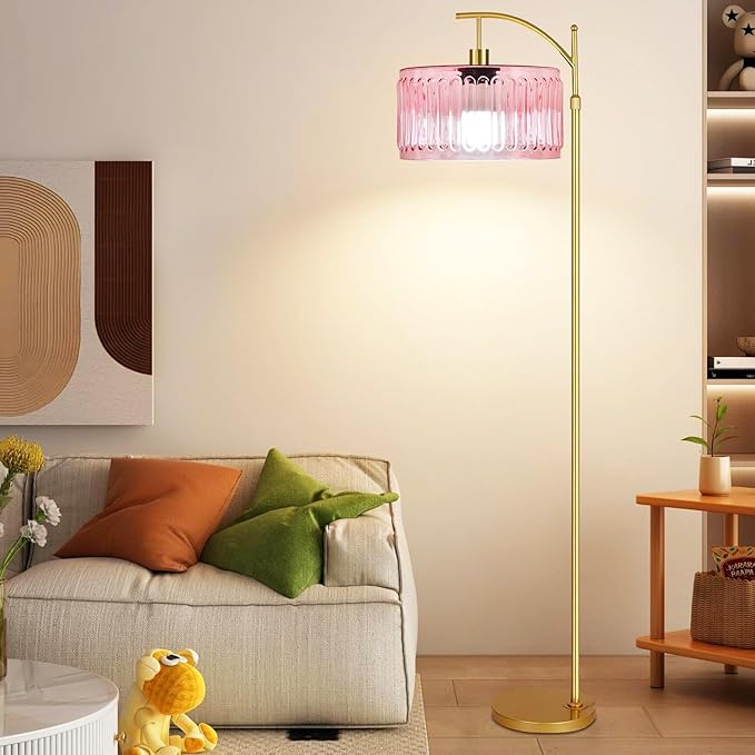 Pink Stained Glass Flower Floor Lamp – Dimmable Arc Standing Lamp with Remote, Mid-Century Boho Brass Design for Living Room & Bedroom