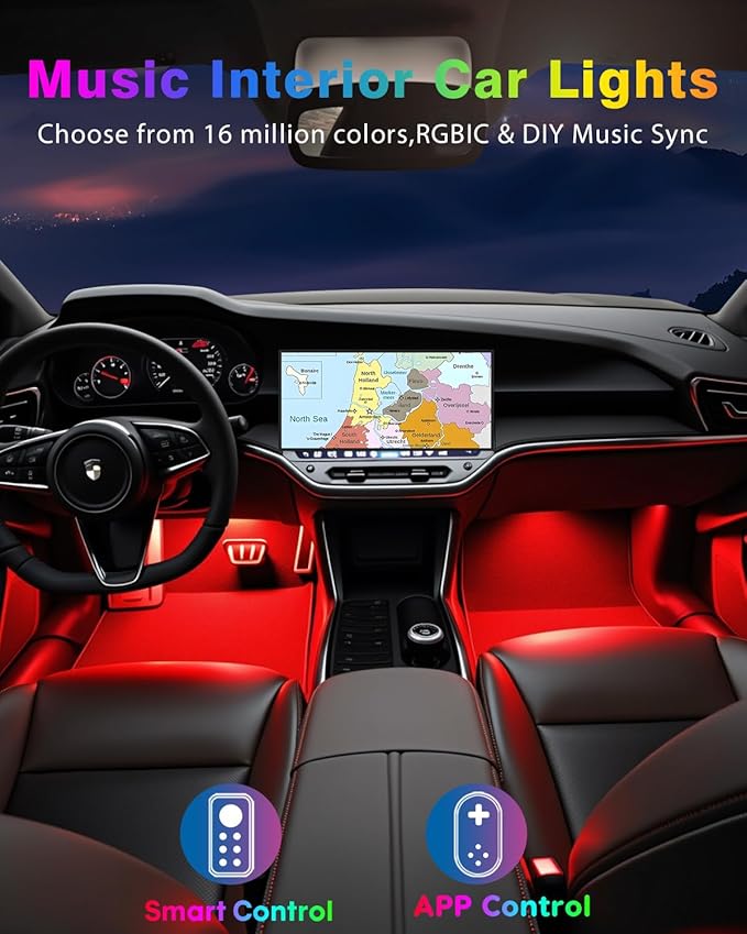 Car Led Strip Lights, RGB Truck Interior Lights with App Control, Under Dash Footwell Automotive Led Light Strip, Car Ambient Lighting (1set)