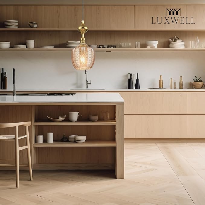 Modern Glass Pendant Light, 6.5"x14" Amber Sunset-Striped Hanging Fixture with Gold Cap, 15"-72" Adjustable Line, E26 Socket for Dining Room or Lounge – Sunset Gold Bordeaux