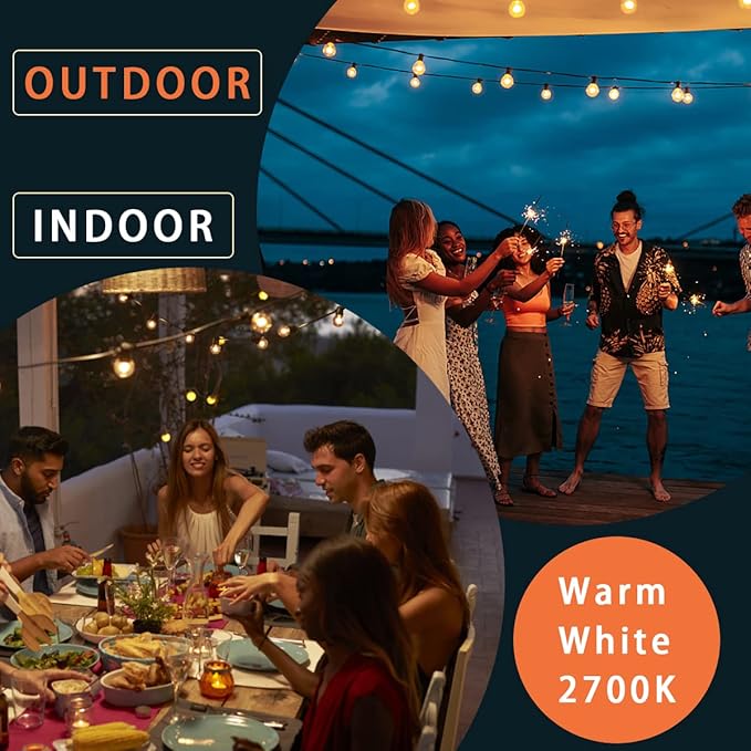 Kawaya Outdoor String Lights 25 FT LED Patio Light with 12+1 Shatterproof Edison Globe Bulbs - IP65 Waterproof Dimmable Hanging Lights - 2700K Warm White Lighting for Outside Yard Porch Deck Bistro