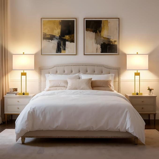 GyroVu 25.5" Nightstand Table Lamps for Bedrooms Set of 2, Bedside Lamp with USB C+A, 3 Colors Changeable Living Room Lamp, Modern Night Stand Lamps for Bed Side Guest Room Reading, Gold+White Shade