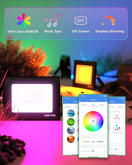 TakThree Smart RGB Outdoor Flood Lights, 30W 2-Pack, IP66