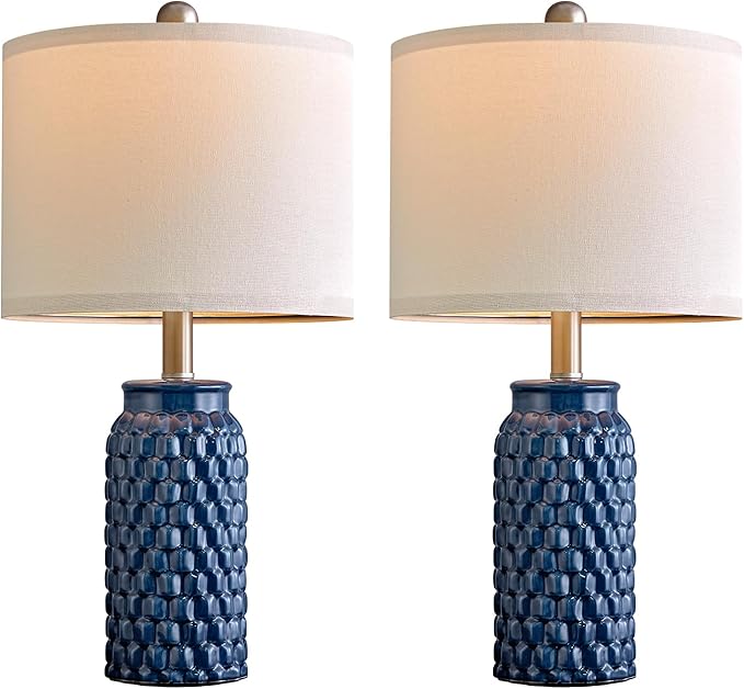 20.5 inches Modern Ceramic Dark Blue Bedside Lamp Set of 2 for Bedroom Decor Farmhouse Table Lamp for Living Room Office Dorm