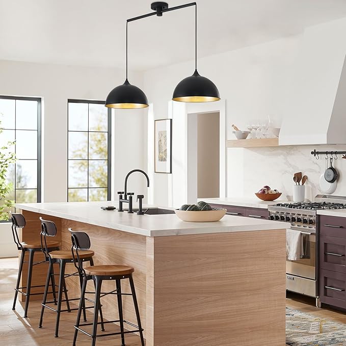 Pendant Lights Kitchen Island, 2-Pack Dome Pendant Light Black and Gold Light Fixtures Industrial Vintage Hanging Pendant Lighting for Farmhouse Dining Room Restaurant Cafe Entryway