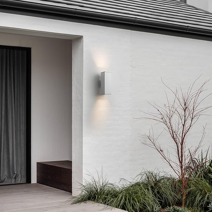 mirrea 14" Modern Outdoor Porch Light Patio Light in 2 Lights with Aluminum Rectangular Tube and Tempered Glass Cover Waterproof Wall Sconce 2 Pack (Matte White)