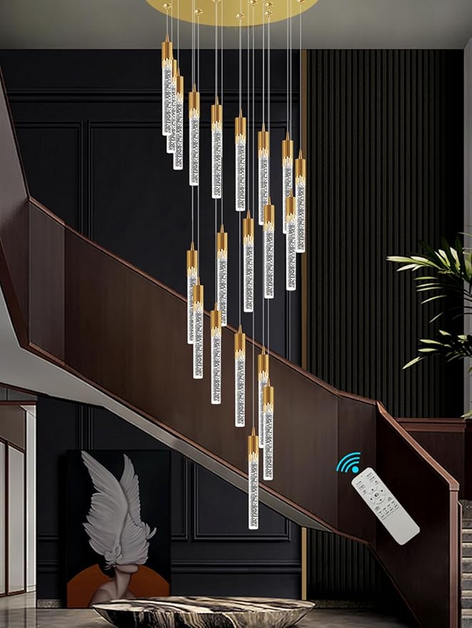 Flashing God Gold 20 Lights High Ceiling Chandelier Modern Dimmable Light Fixtures Foyer Chandelier Pendant Lighting Crystal Ceiling Chandeliers Fixtures for Villa Staircase Hallway 11.5feet Long