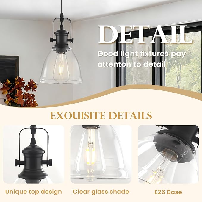 Black Farmhouse Pendant Lights – Industrial Clear Glass Kitchen Island Lighting, 2-Pack