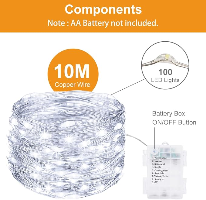 6 Pack 33FT 100LED Fairy String Lights Battery Operated with Remote and Timer,IP65 Waterproof Dimmable Copper Wire 8 Modes LED Twinkle Lighting Indoor Outdoor for Bedroom Christmas Decor-Cool White