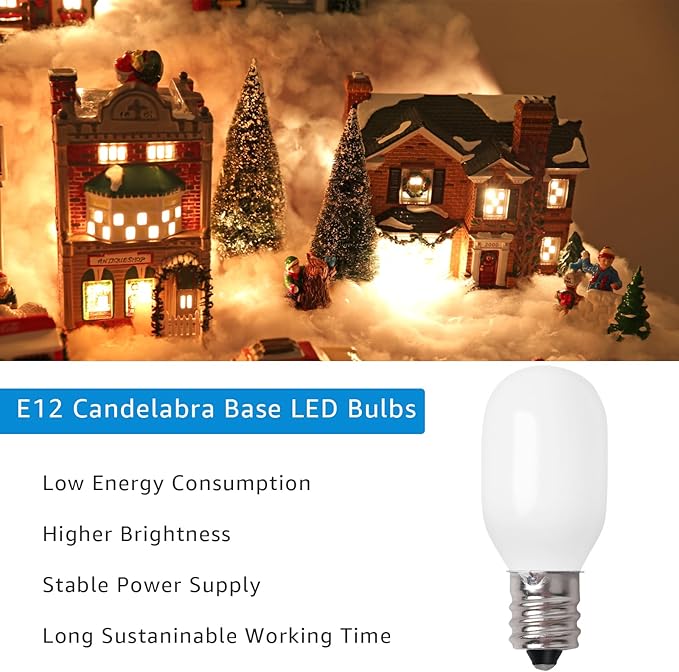 12 Pcs Christmas Village Replacement Light Bulbs, E12 Candelabra Base T20 LED Bulbs,120V 0.7W Replace Bulbs Accessories for Villages Houses Dept 56, Christmas Tree, Halloween Pumpkin Holiday Decor