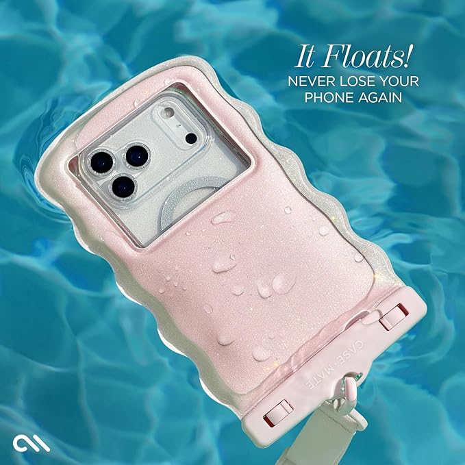 Case-Mate Wavy IP68 Waterproof Phone Pouch - Large Floating Phone Case w/Crossbody Lanyard - Cruise Ship Travel Essentials Compatible w/All Devices - Hidden Pocket for Card/Cash- Ballet Pink Twinkle