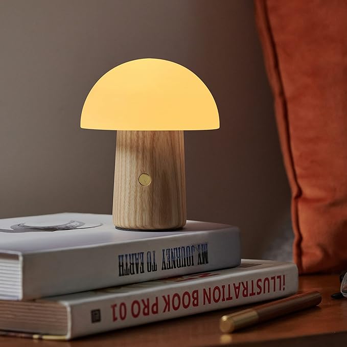 Gingko 7 Colour Changing RGB Alice Mushroom Lamp, Long Life Battery, USB-C Charging, 3 Light Modes, FSC Certified Wood with Frosted Glass, Touch Button Control (Mini, White Ash)