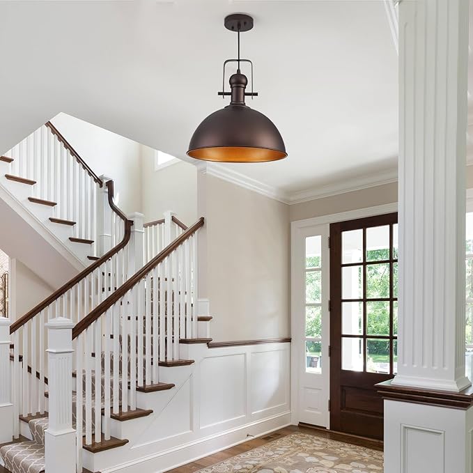 12 Inch Oil Rubbed Bronze Farmhouse Pendant Lights Large Pendant Lights for Kitchen Island Industrial Adjustable Height Vintage Big Dome Hanging Light Fixtures for Barn, Dining Room 3 Packs