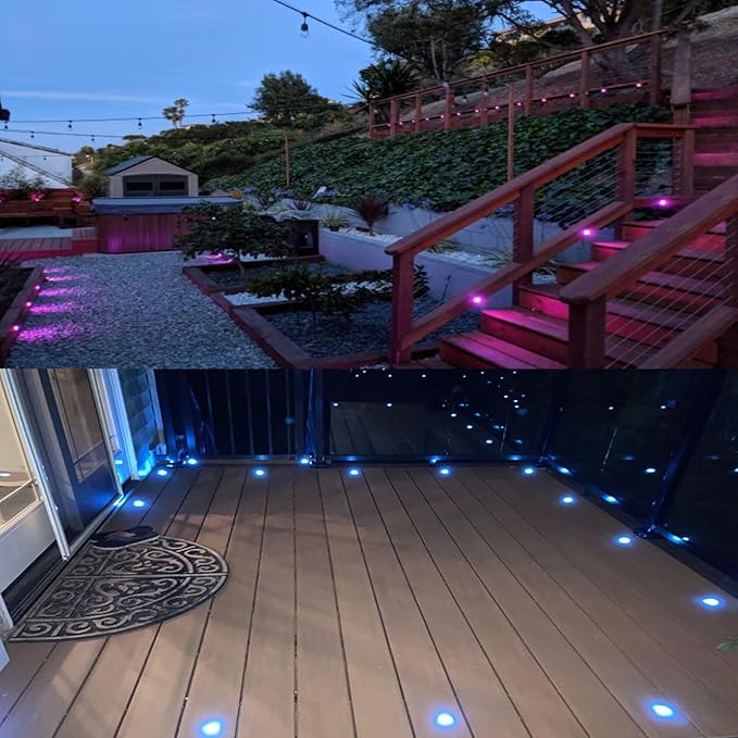 LED Outdoor Deck Lights with Photocell, Φ1.18in RGB 20 Pack Black, Low Voltage 12V IP67 Waterproof, Multi Color Changing Remote, Electric Wired Recessed Stair Step Landscape Lighting for Yard