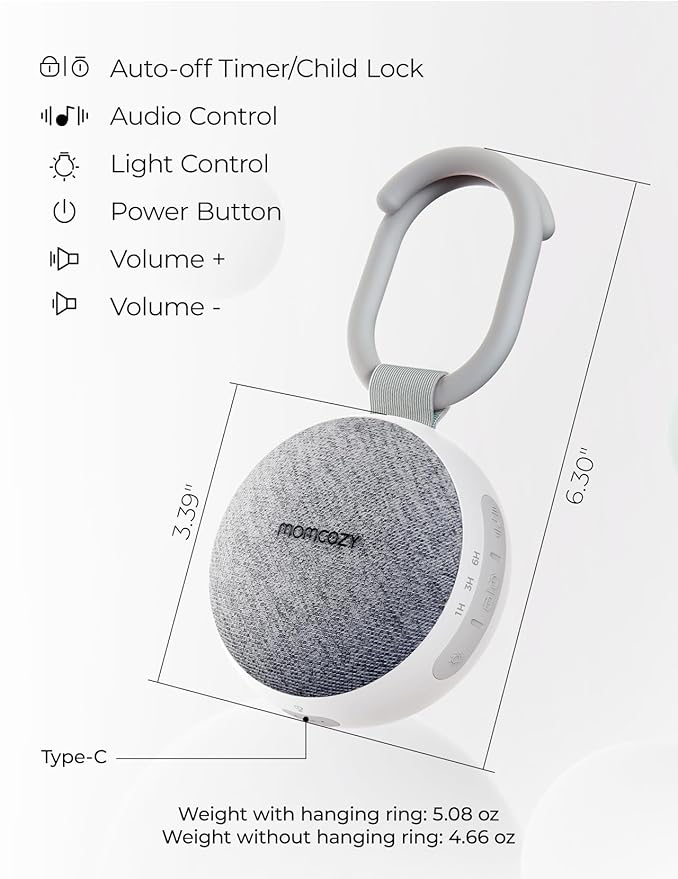 Momcozy Portable Sound Machine with Night Light, White Noise Sound Machine for Baby, 20 Soothing Sounds, Sound Therapy, Long-Lasting Power, Timer, Clips on Stroller, Grey