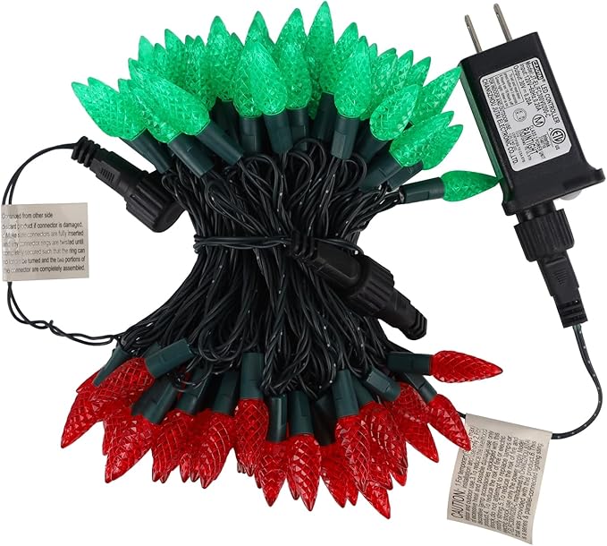 WATERGLIDE C6 Christmas Lights, 33ft 100 LED Faceted String Lights Green Wire Fairy Lights with Safe Adaptor, 8 Lighting Mode, Waterproof for Indoor Outdoor Patio Xmas Tree Party Decor, Red & Green