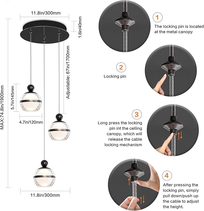 Black Pendant Lights 3 Light Globe Cluster Hanging Pendant Light Fixtures Modern LED Pendant Lights Kitchen Island for Dining Room Living Room Bedroom