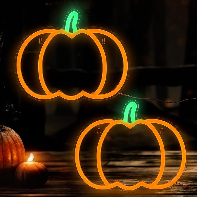 MissAudrey 2Pcs Halloween Orange Pumpkin Neon Sign Lights, Neon Sign Hanging for Wall Decor, Cute Vintage Fall Thanksgiving Decor for Table Kitchen Bedroom Living Room Bar Pub Club Party, Indoor Battery Operated or USB