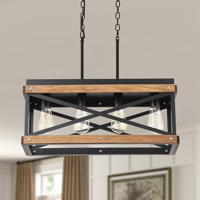 Rustic Farmhouse Wood Kitchen Island Lighting, 4 Lights Rectangular Pendant Light Fixture, Adjustable Chain Oak Wood and Metal Linear Chandelier for Dining Room Kitchen Island Farmhouse, Black
