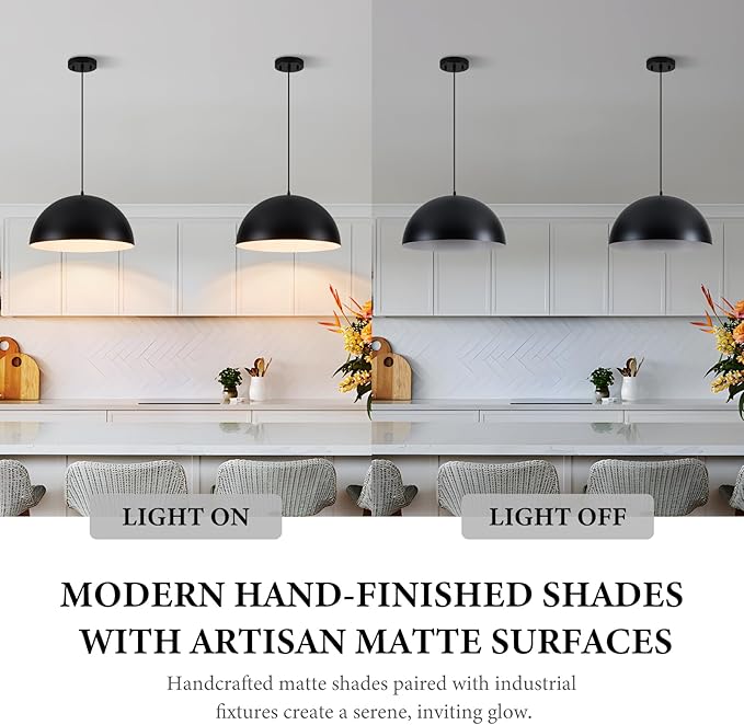 Industrial Pendant Lighting for Kitchen Island, 16 Inch Black and White Metal Dome Pendant Light Fixtures, Farmhouse Hanging Light Fixture E26 Base for Dining Room Foyer Entryway Cafe, 2 Pack