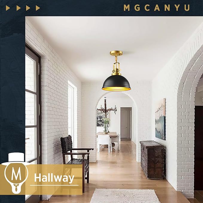 Farmhouse Black and Gold Pendant Lights Kitchen Island, Matte Black Dome Pendant Lighting Gold Vintage Metal Hanging Ceiling Light Fixture for Living Dining Room Restaurant Entrance Sink