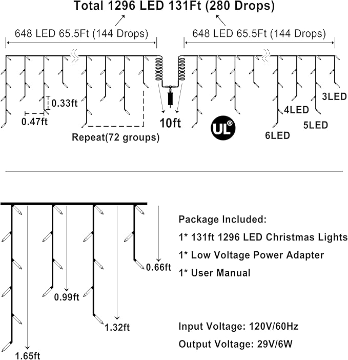 1296 LED 131FT Christmas Lights 288 Drops, Outdoor Hanging light with 8 Modes & Timer, Plug in Curtain String Light Outdoor Waterproof for House Holiday Wedding Party Garden Outside Decor (Multicolor)