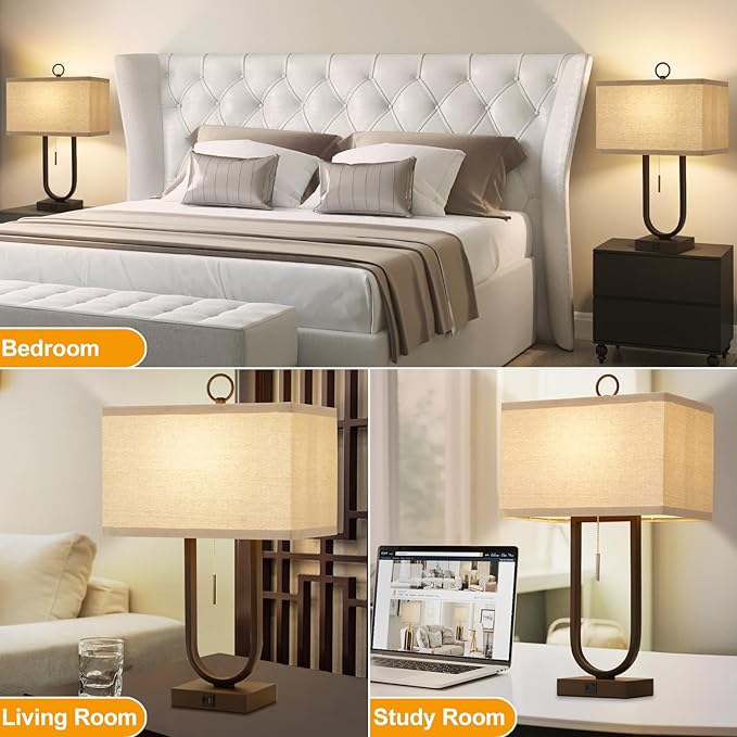 24'' Table Lamps Set of 2 - Desk Lamp & Bedside Lamp, 3-Color Temperature, USB C+A Ports, Modern Nightstand Lamps for Bedroom, Living Room, Home Office, Pull Chain Switch, Includes 2 LED Bulbs