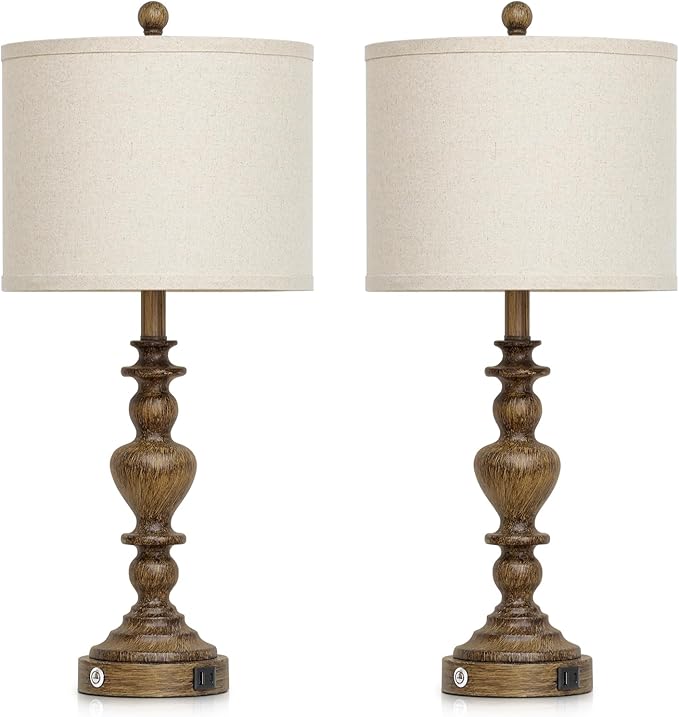 27" Vintage Table Lamps Set of 2, Farmhouse Resin Bedside Lamp with USB C+A Ports & AC Outlet, 3-Way Dimmable Touch Control Lamps for Living Room Bedroom Nightstand Antique Brown Washed Wooden Finish