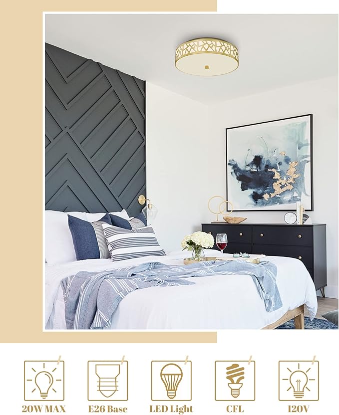 2 Pack Flush Mount Ceiling Light, 12 inch Gold Ceiling Light, 2-Lights Lights Fixture Ceiling Mount with Frosted Glass Shade for Hallway, Kitchen, Bedroom,Foyer,Entryway