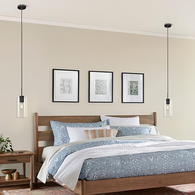 Modern Black Pendant Lights Kitchen Island Glass Pendant Light, 9.5'' Farmhouse Clear Glass Cylinder Pendant Light,Copper Kitchen Pendant Lighting Over Island Sink, E26 Bulb Included