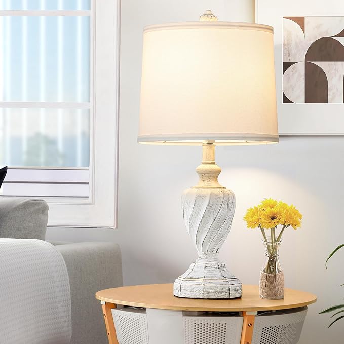 22.4" Farmhouse Table Lamps for Bedrooms Set of 2, Rustic Resin End Table Lamps for Living Room Gold Trim Base, Bedside Nightstand Lamps, Bulbs Included